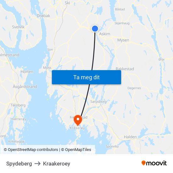 Spydeberg to Kraakeroey map