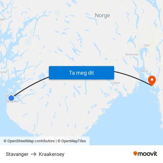 Stavanger to Kraakeroey map