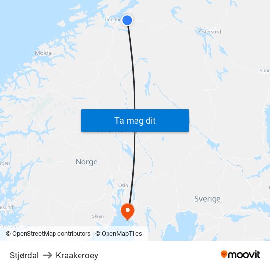 Stjørdal to Kraakeroey map