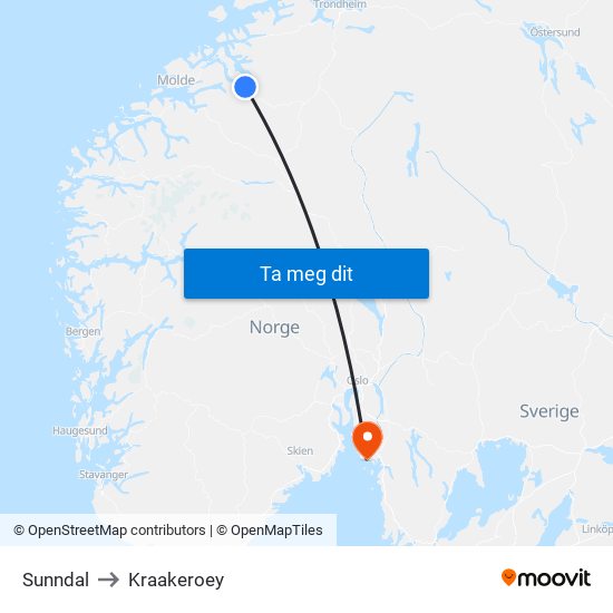 Sunndal to Kraakeroey map