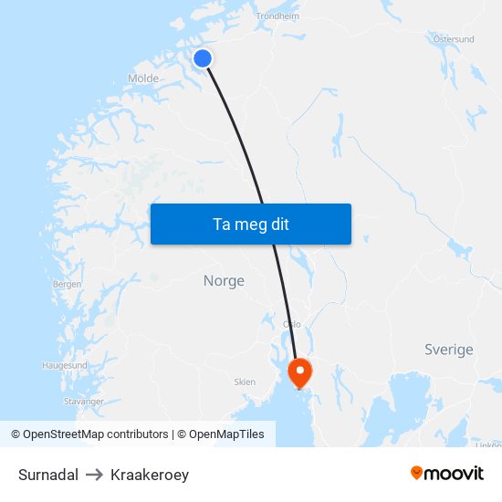 Surnadal to Kraakeroey map