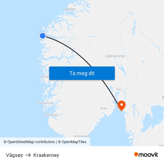 Vågsøy to Kraakeroey map