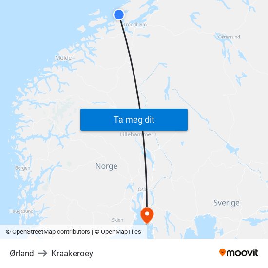 Ørland to Kraakeroey map