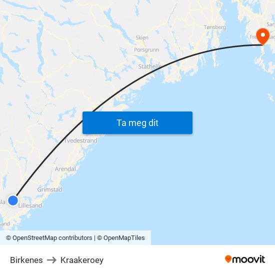 Birkenes to Kraakeroey map