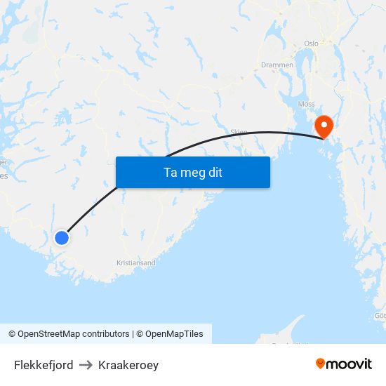 Flekkefjord to Kraakeroey map