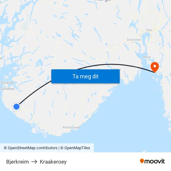 Bjerkreim to Kraakeroey map