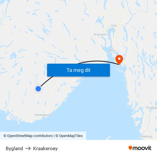 Bygland to Kraakeroey map