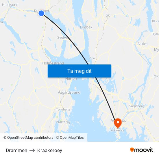 Drammen to Kraakeroey map