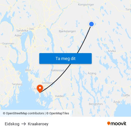 Eidskog to Kraakeroey map