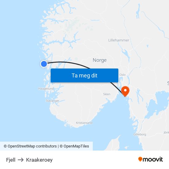 Fjell to Kraakeroey map