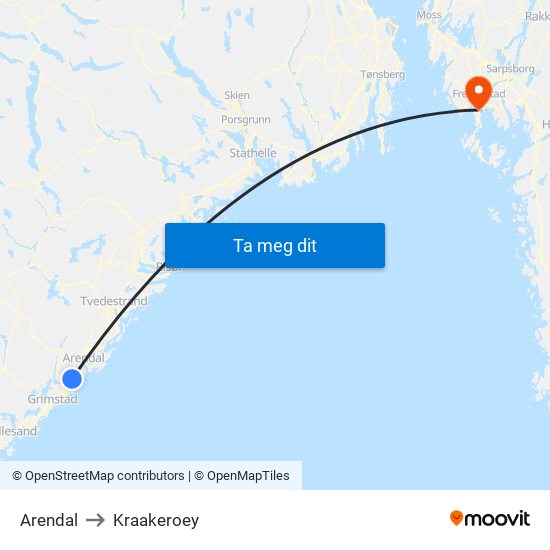 Arendal to Kraakeroey map