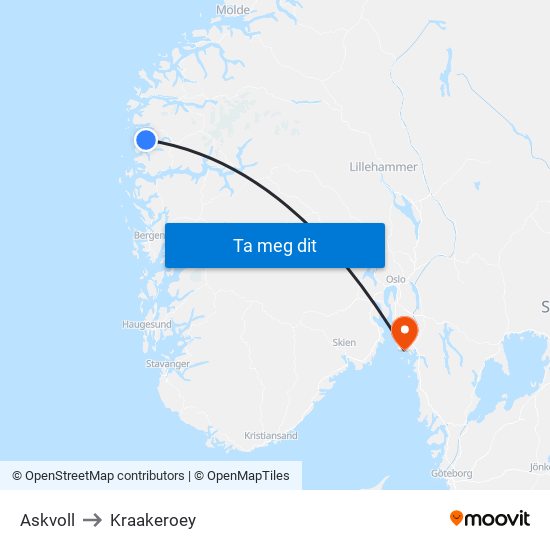Askvoll to Kraakeroey map