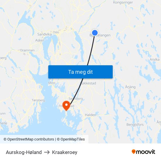 Aurskog-Høland to Kraakeroey map