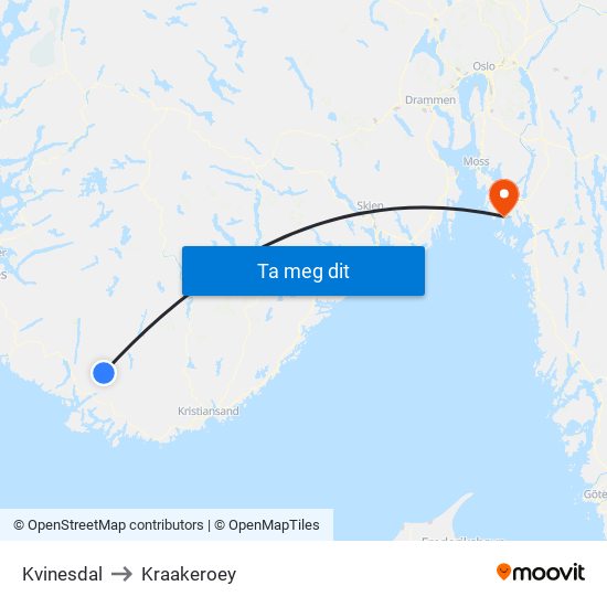 Kvinesdal to Kraakeroey map