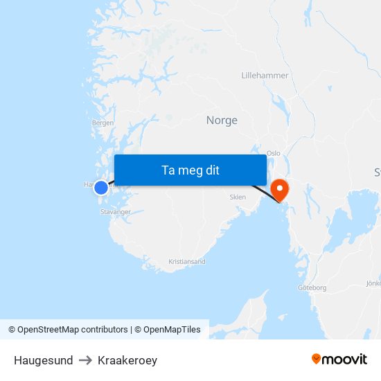 Haugesund to Kraakeroey map
