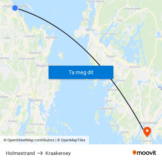 Holmestrand to Kraakeroey map