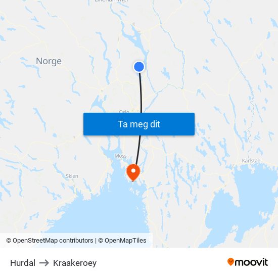 Hurdal to Kraakeroey map