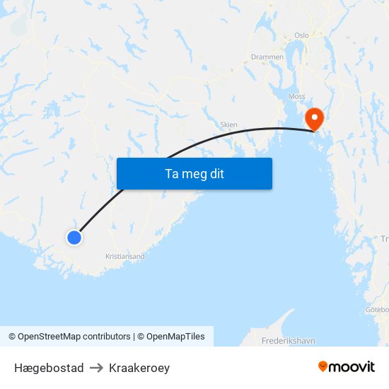 Hægebostad to Kraakeroey map