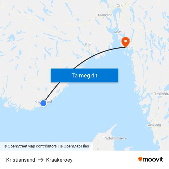 Kristiansand to Kraakeroey map