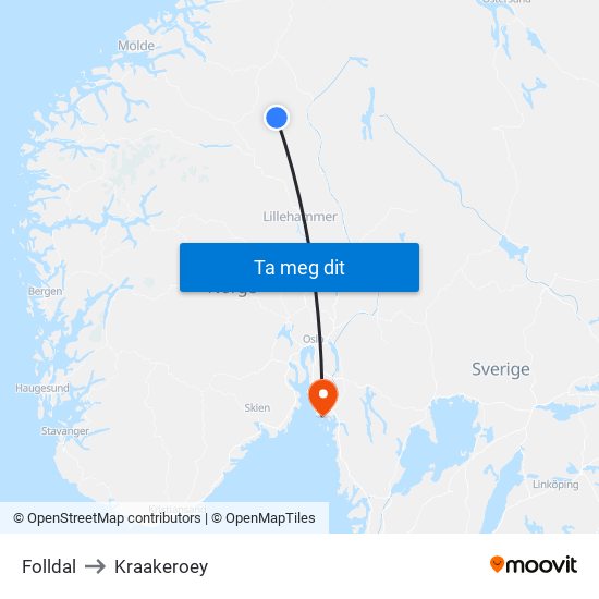 Folldal to Kraakeroey map