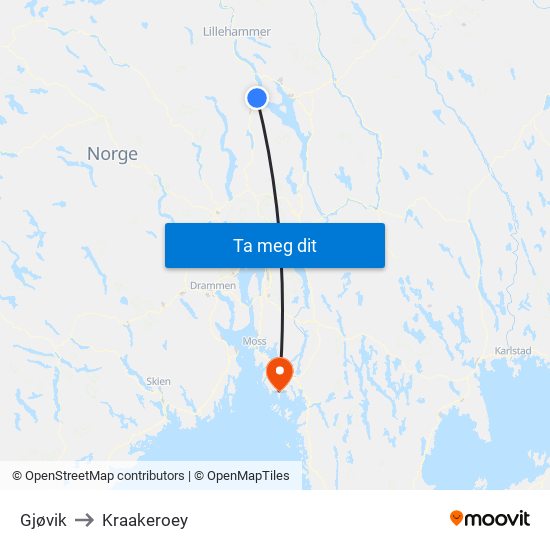 Gjøvik to Kraakeroey map