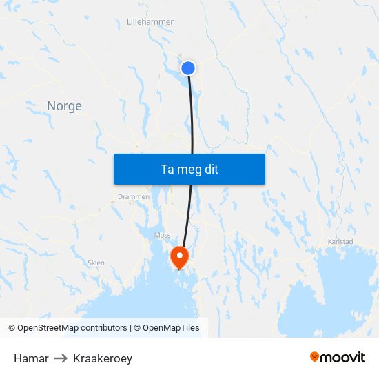 Hamar to Kraakeroey map