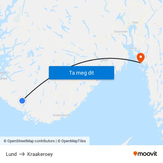 Lund to Kraakeroey map