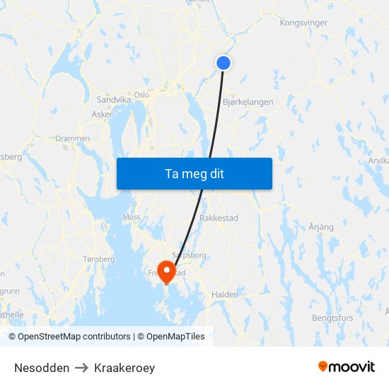 Nesodden to Kraakeroey map