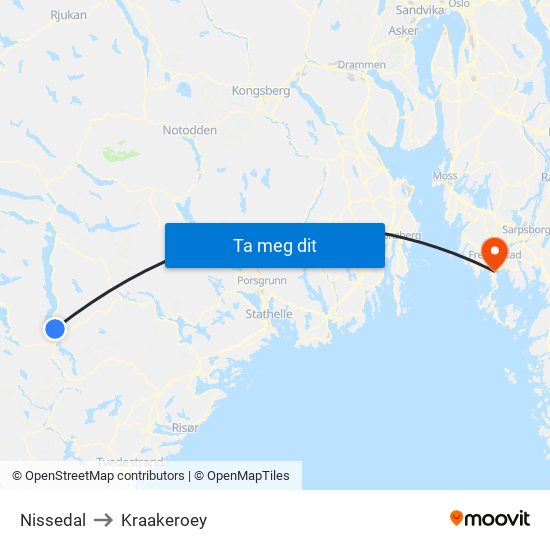 Nissedal to Kraakeroey map