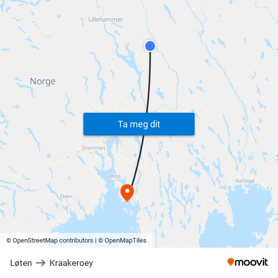 Løten to Kraakeroey map
