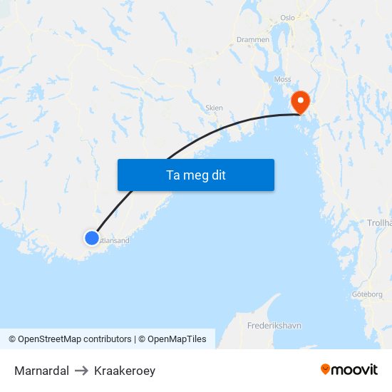 Marnardal to Kraakeroey map