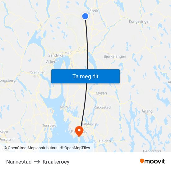 Nannestad to Kraakeroey map