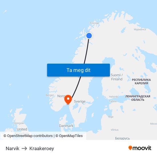 Narvik to Kraakeroey map