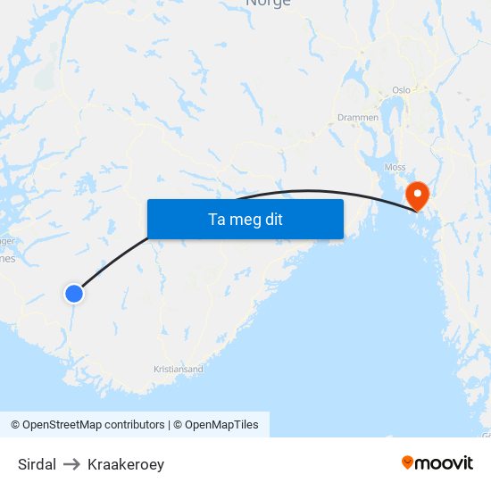 Sirdal to Kraakeroey map