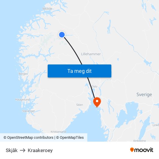 Skjåk to Kraakeroey map