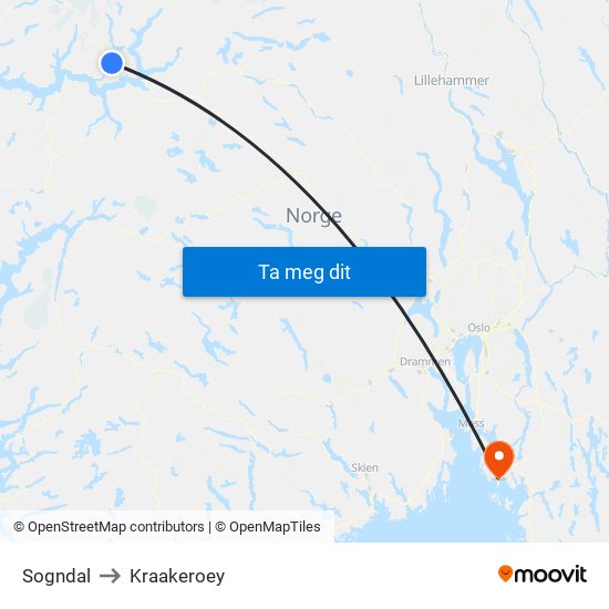 Sogndal to Kraakeroey map