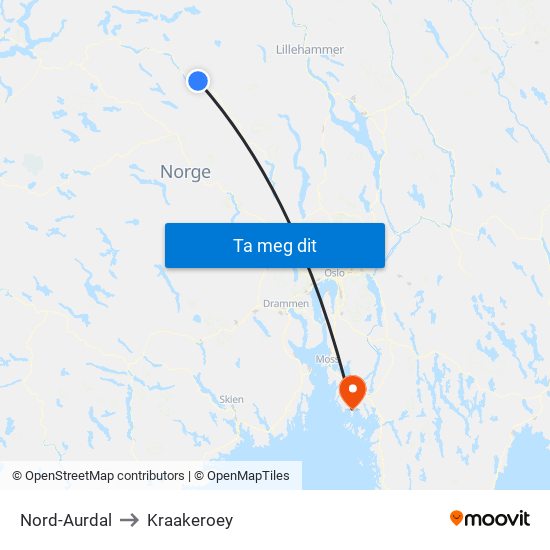 Nord-Aurdal to Kraakeroey map