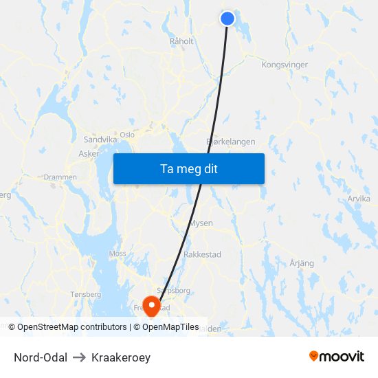 Nord-Odal to Kraakeroey map