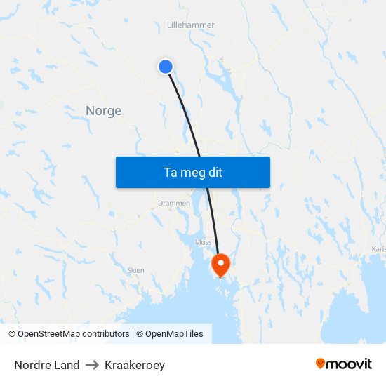 Nordre Land to Kraakeroey map