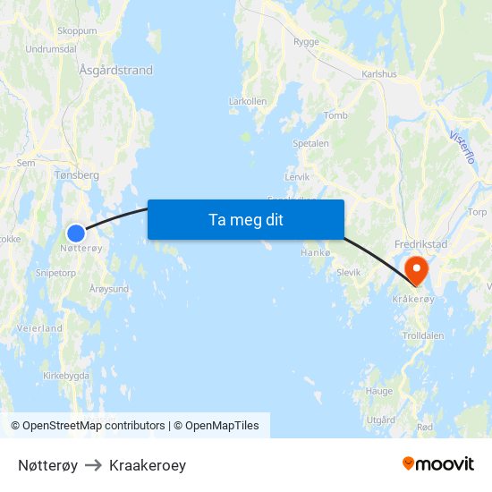Nøtterøy to Kraakeroey map