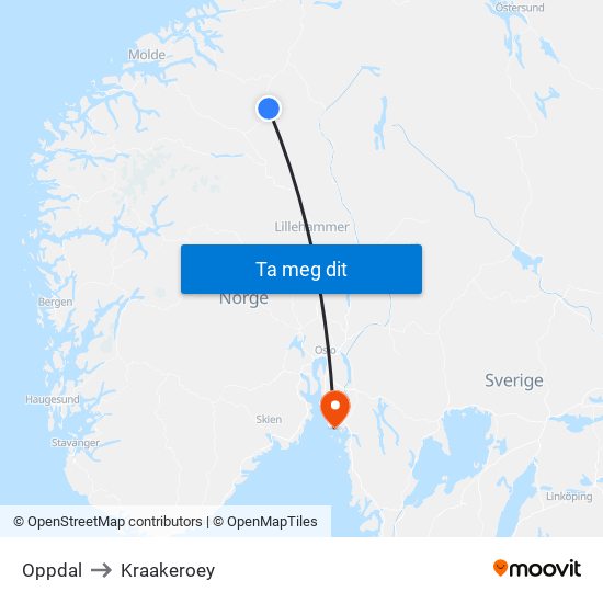 Oppdal to Kraakeroey map