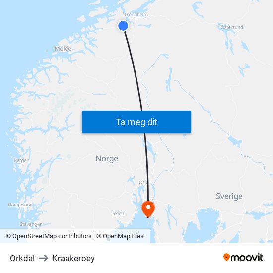 Orkdal to Kraakeroey map