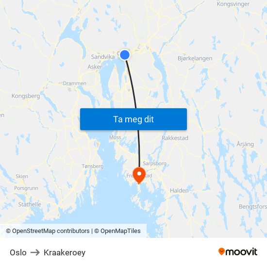 Oslo to Kraakeroey map