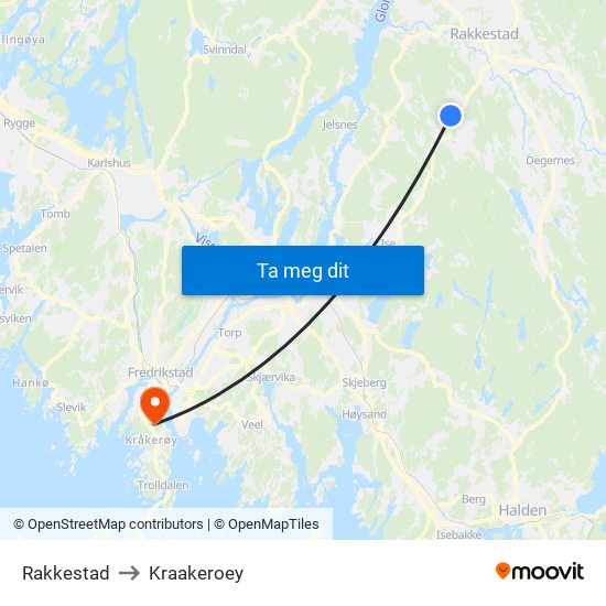 Rakkestad to Kraakeroey map