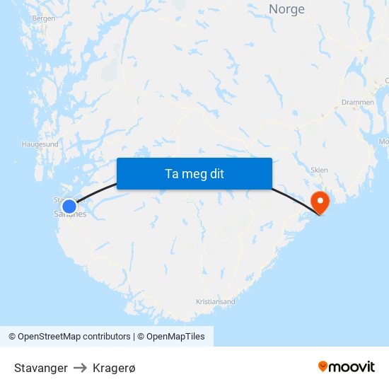 Stavanger to Kragerø map