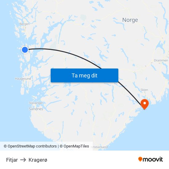 Fitjar to Kragerø map