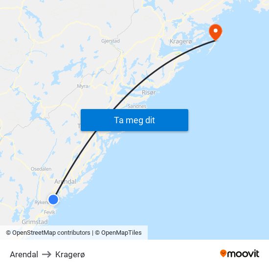 Arendal to Kragerø map