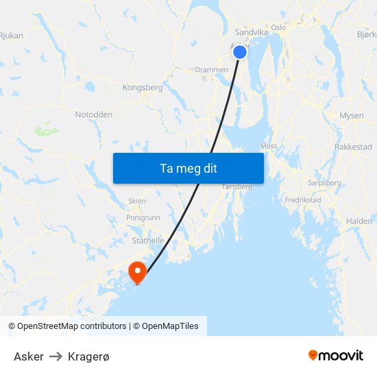 Asker to Kragerø map