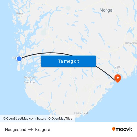 Haugesund to Kragerø map