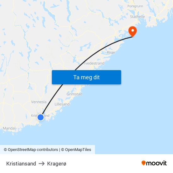 Kristiansand to Kragerø map